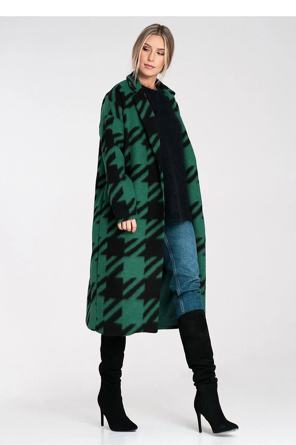 manteau long femme oversize pieddepoule vert noir tissu épais laineux col tailleur large manches longues coupe droite ample chaud hiver