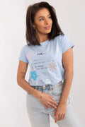 T-shirt femme style décontracté moderne imprimé motifs fleurs bleu clair coton court manches encolure ronde