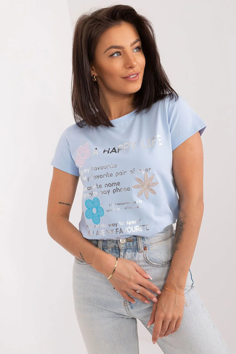 T-shirt femme style décontracté moderne imprimé motifs fleurs bleu clair coton court manches encolure ronde
