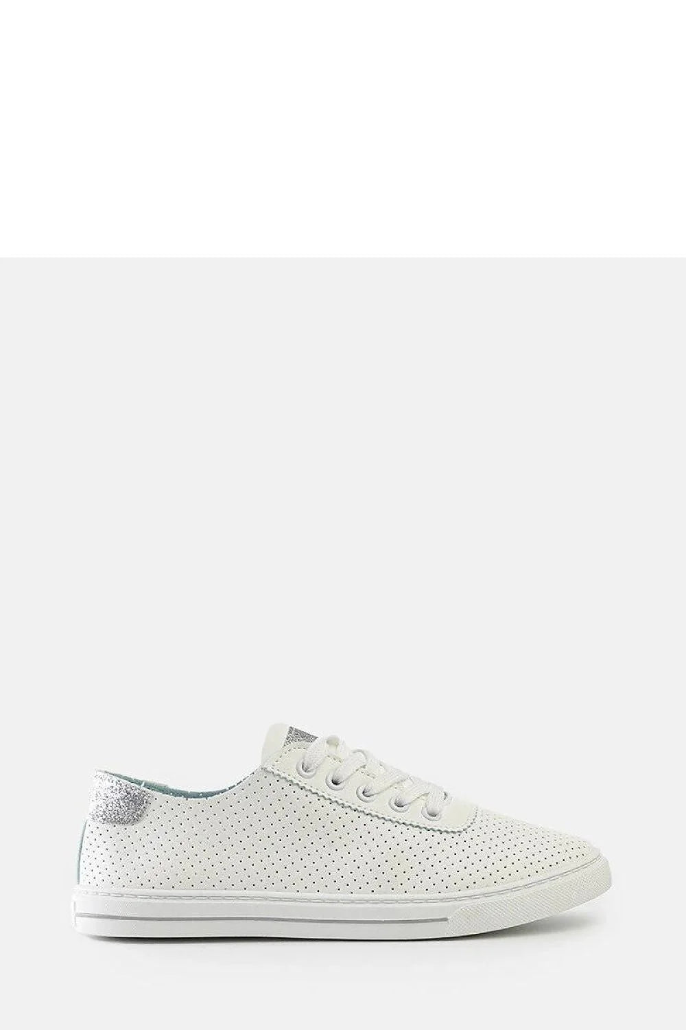 Baskets basses pour femmes style moderne épuré perforées cuir synthétique blanc semelle caoutchouc adhérence doublure bleue