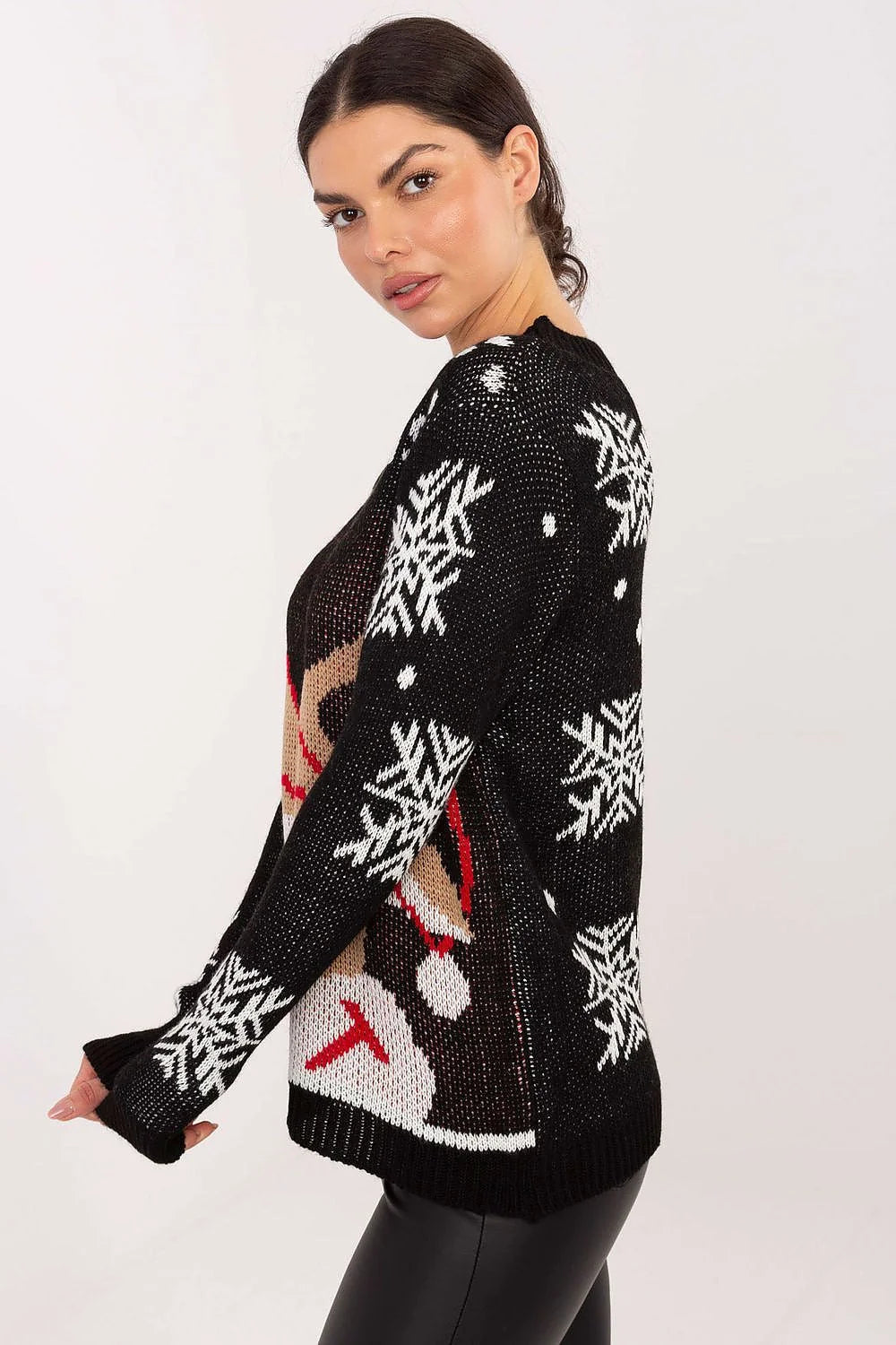 pull femme noir jacquard renne beige rouge flocons blancs col rond manches longues oversize maille épaisse chaude acrylique