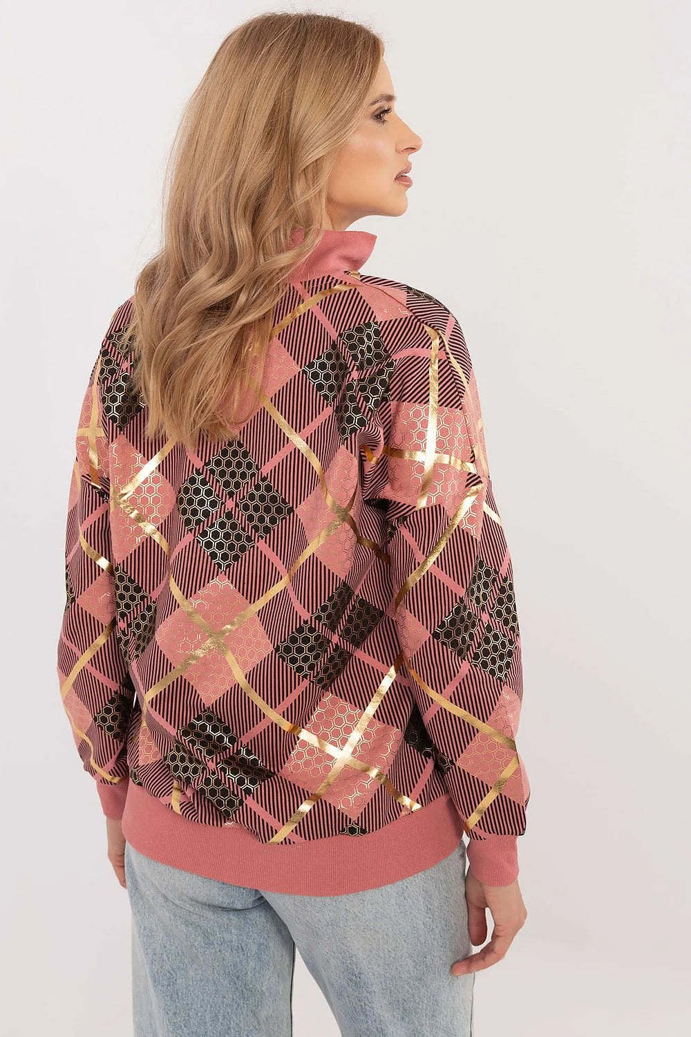Sweatshirt femme carreaux doré Amour Paris longues manches col zippé coupe décontractée coton élasthanne