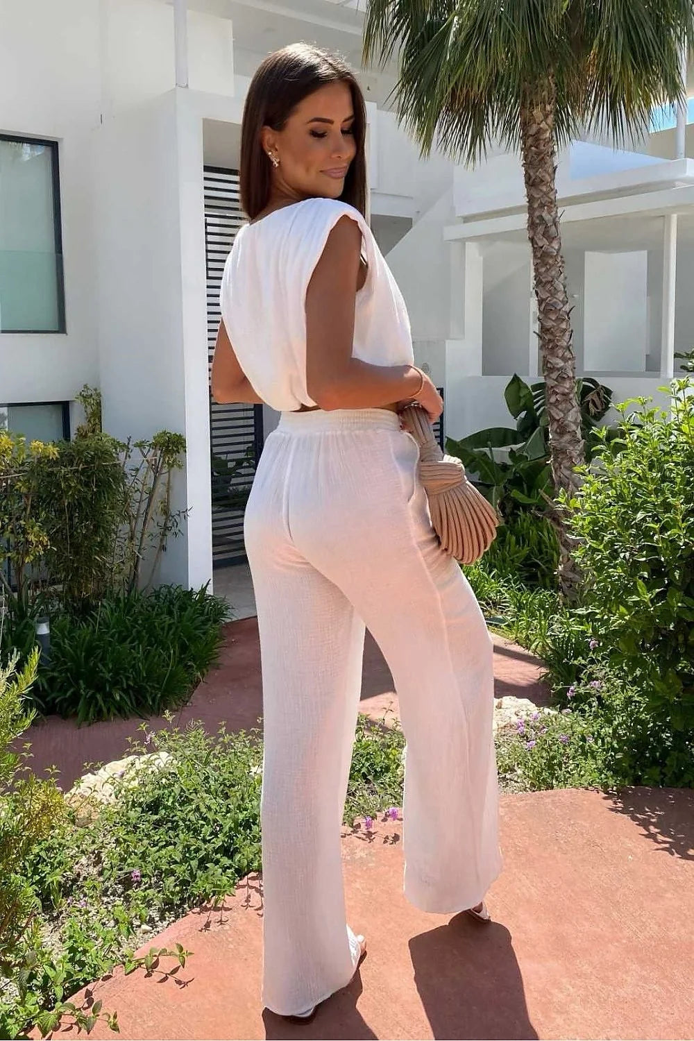 Ensemble La Balancia femme été mousseline blanc tissu respirant élastique waist pantalon large chemisier sans manches