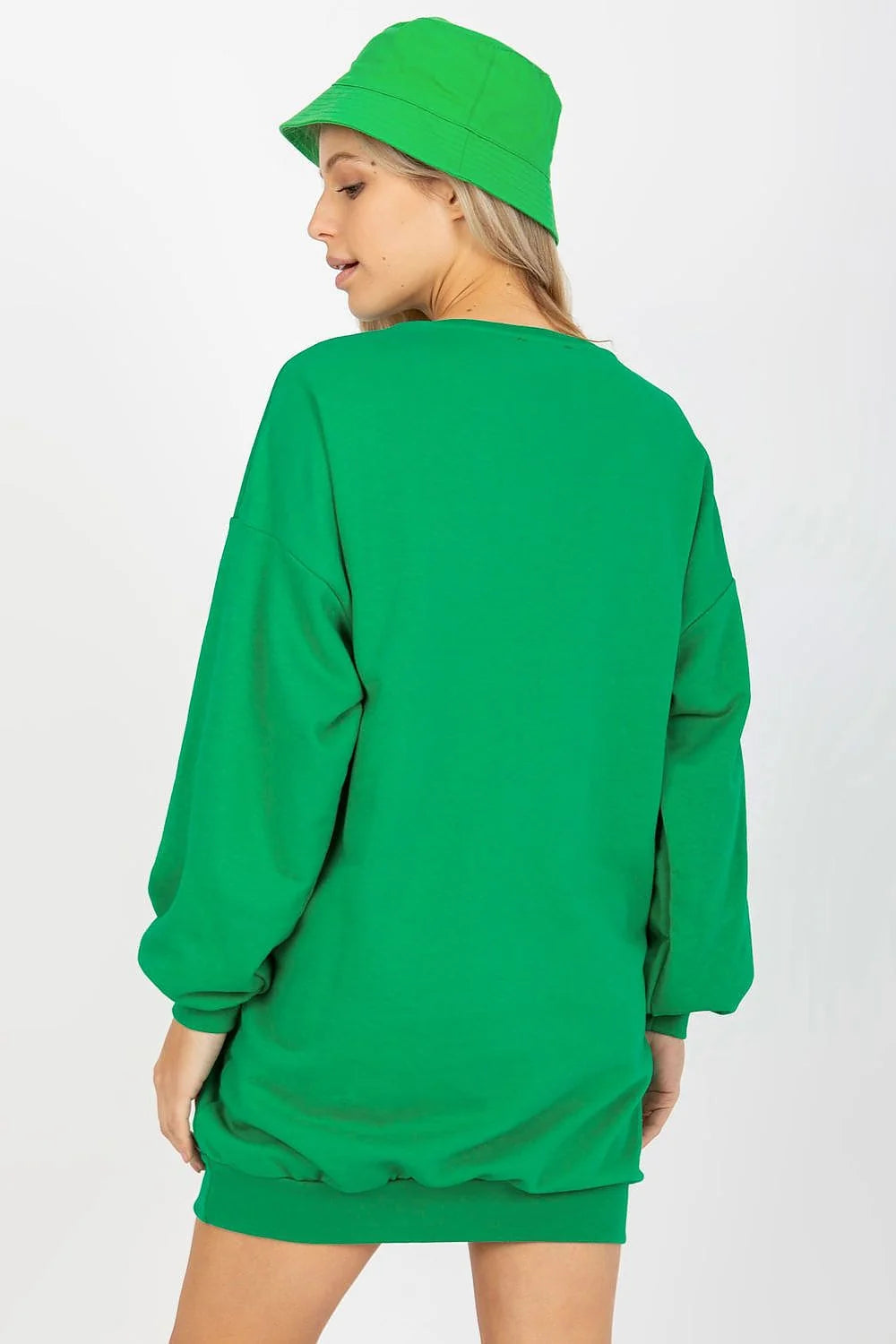 sweatshirt oversize femme long robe pull molleton doux vert émeraude lettrage blanc TEXAS college manches longues ballon poches latérales côtelés