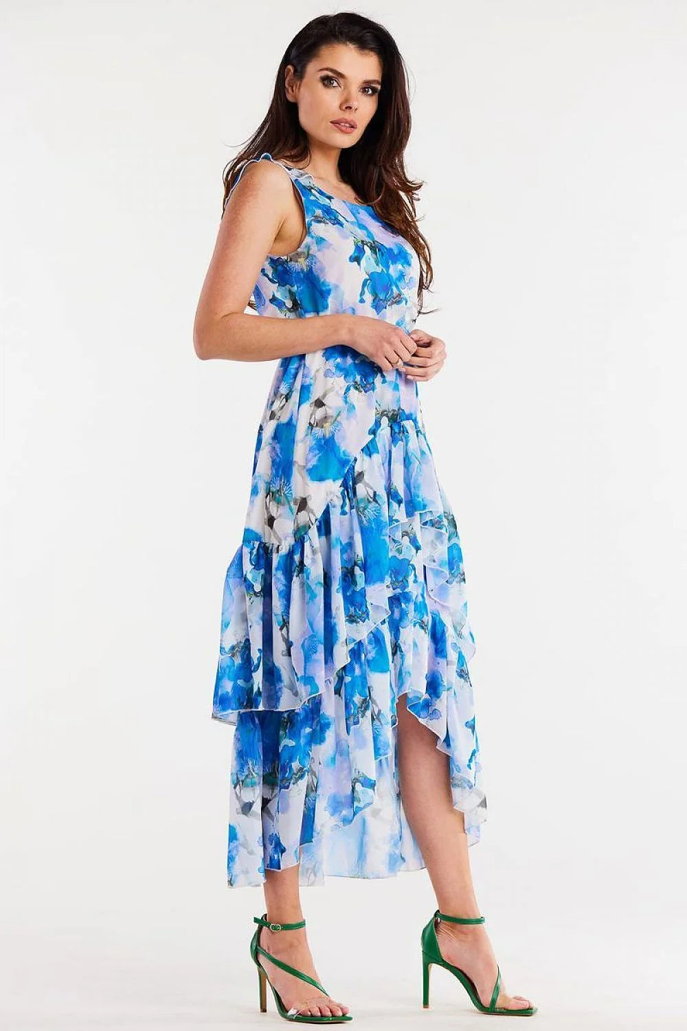 Robe élégante en mousseline imprimé floral bleu blanc violet asymétrique volants élastique taille ajustable femme
