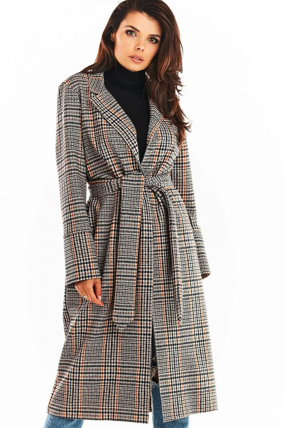 Manteau Prince de Galles pour femme, style élégant, double col, ceinture amovible, laine et polyester, taille ajustable, coupe droite, poches latérales, occasion formelle et décontractée, fabriqué en Pologne