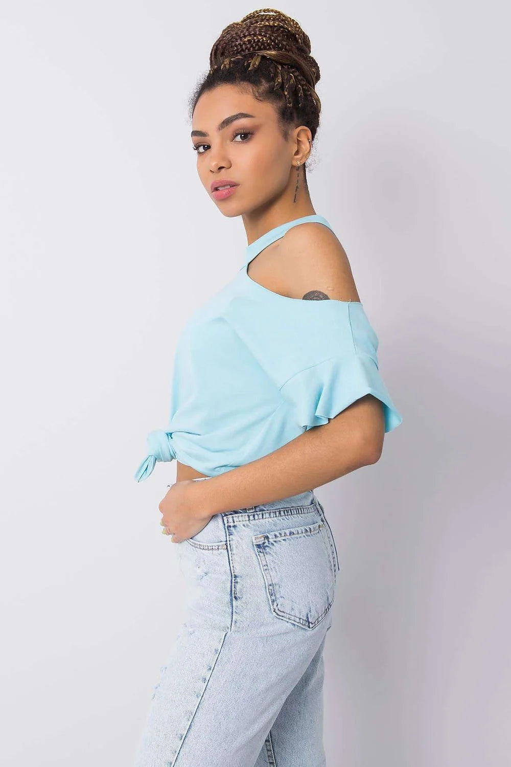 Blouse Fancy asymétrique pour femme, style cold shoulder, manches courtes, couleur rose vif, coton stretch, confortable, versatile, occasion多种