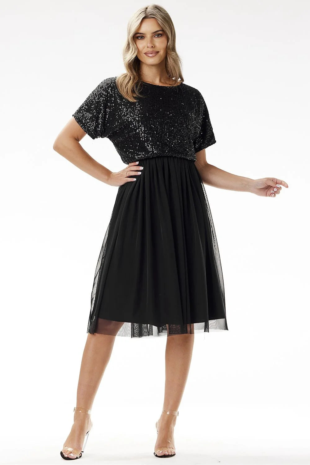 Robe de soirée élégante Awama midi sequins tulle noire occasion spéciale carnaval réveillon mariage femme