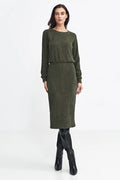 Robe de jour élégante maille côtelée vert olive manches longues taille haute fente dos femmes