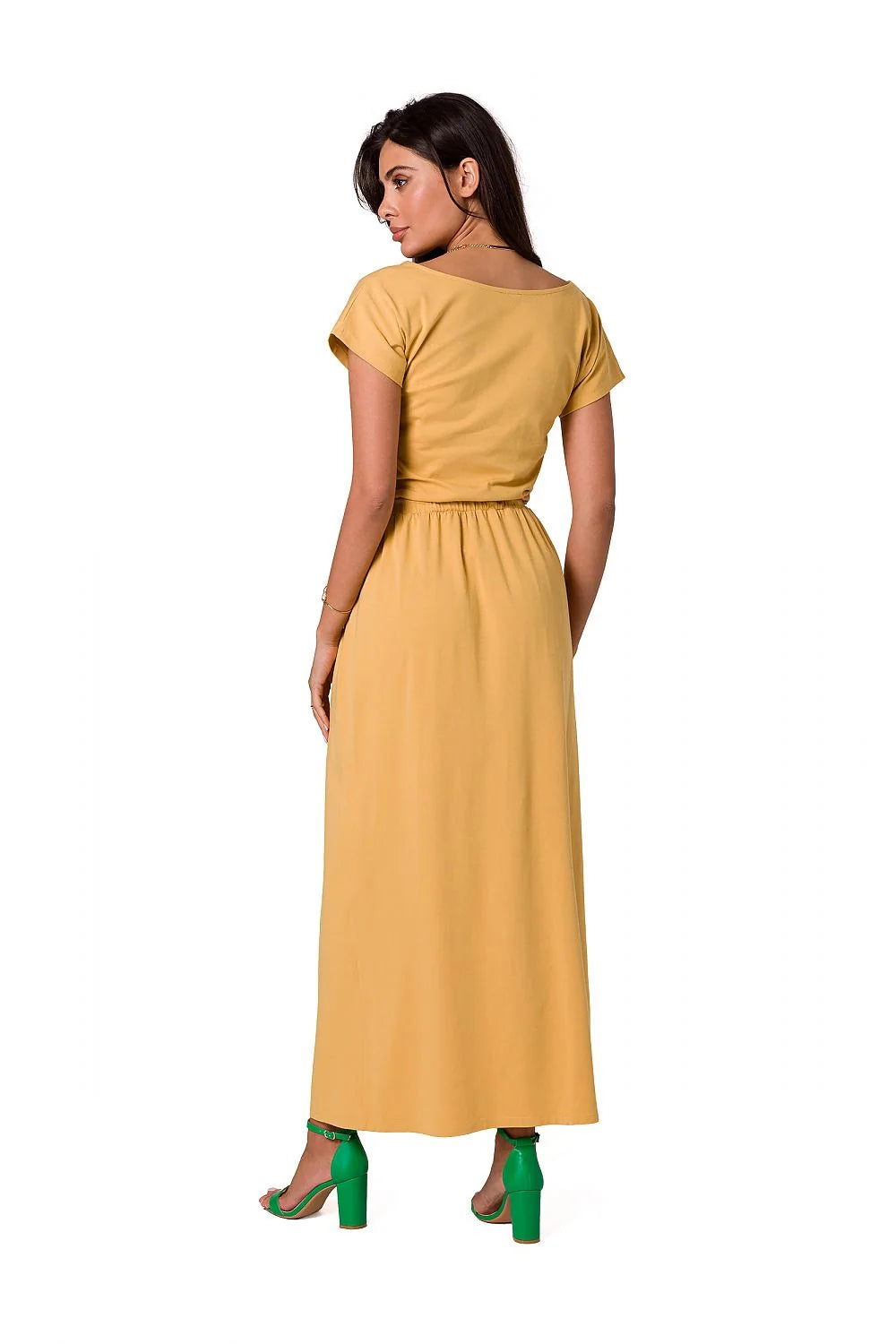robe longue maxi coton élégante manches courtes encolure bateau vert émeraude taille élastiquée cintrée fluide douce extensible tombé lisse cheville