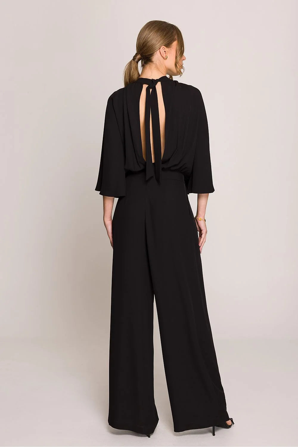 Combinaison Stylove élégante pour femmes en polyester, style moderne, noir, occasion formelle, coupe ample, manches larges, col rond, finitions discrètes, confort optimal, pantalon large, silhouette sophistiquée