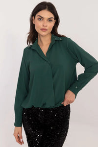 blouse femme manches longues vert profond crêpe fluide encolure V col chemise perles épaules ourlet élastiqué polyester viscose