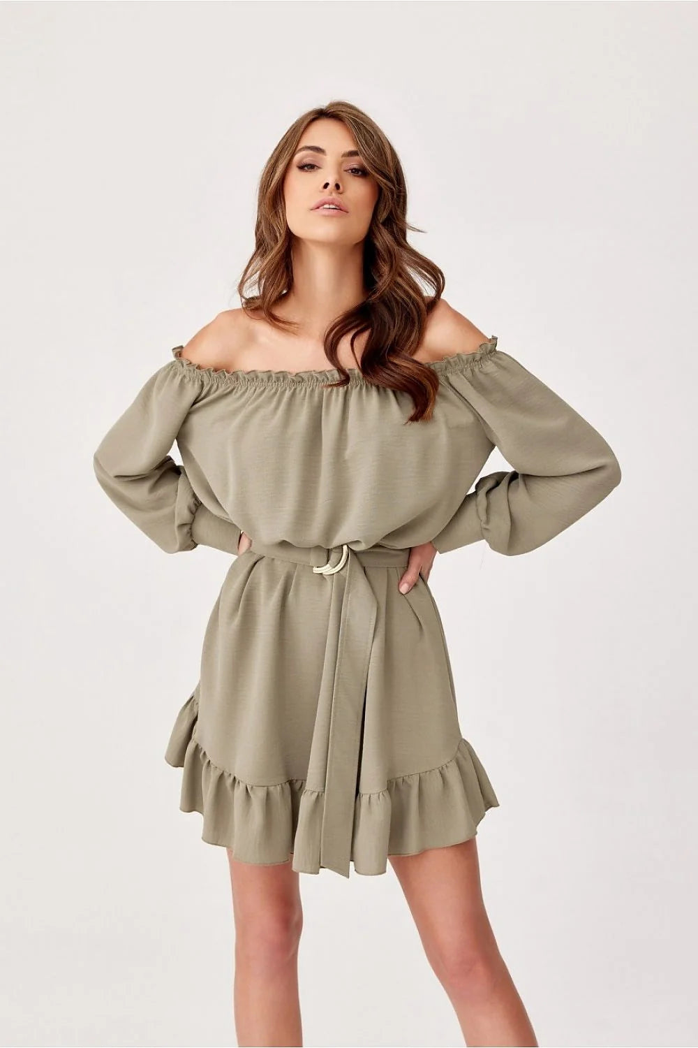 Robe de jour Roco Fashion élégante style bohème manches longues épaules nues ceinture dorée couleur kaki femmes