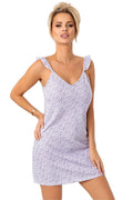 robe estivale courte coton floral violet blanc cassé décolleté V bretelles volantées coupe droite légère respirante bohème casual chic