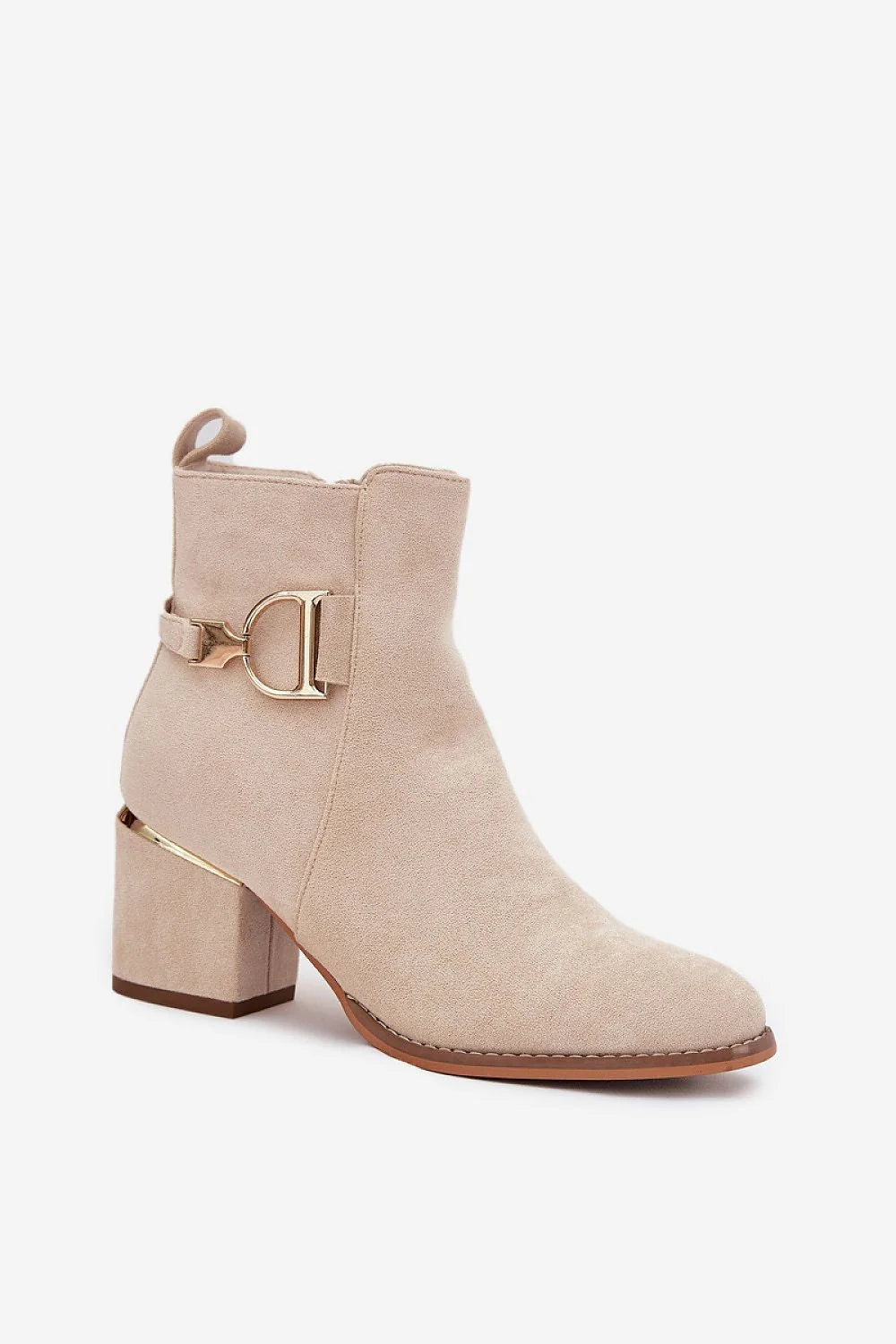 bottines cheville cuir suédé beige écologique bout amande talon bloc moyen fermeture éclair latérale boucle dorée doublure fourrure