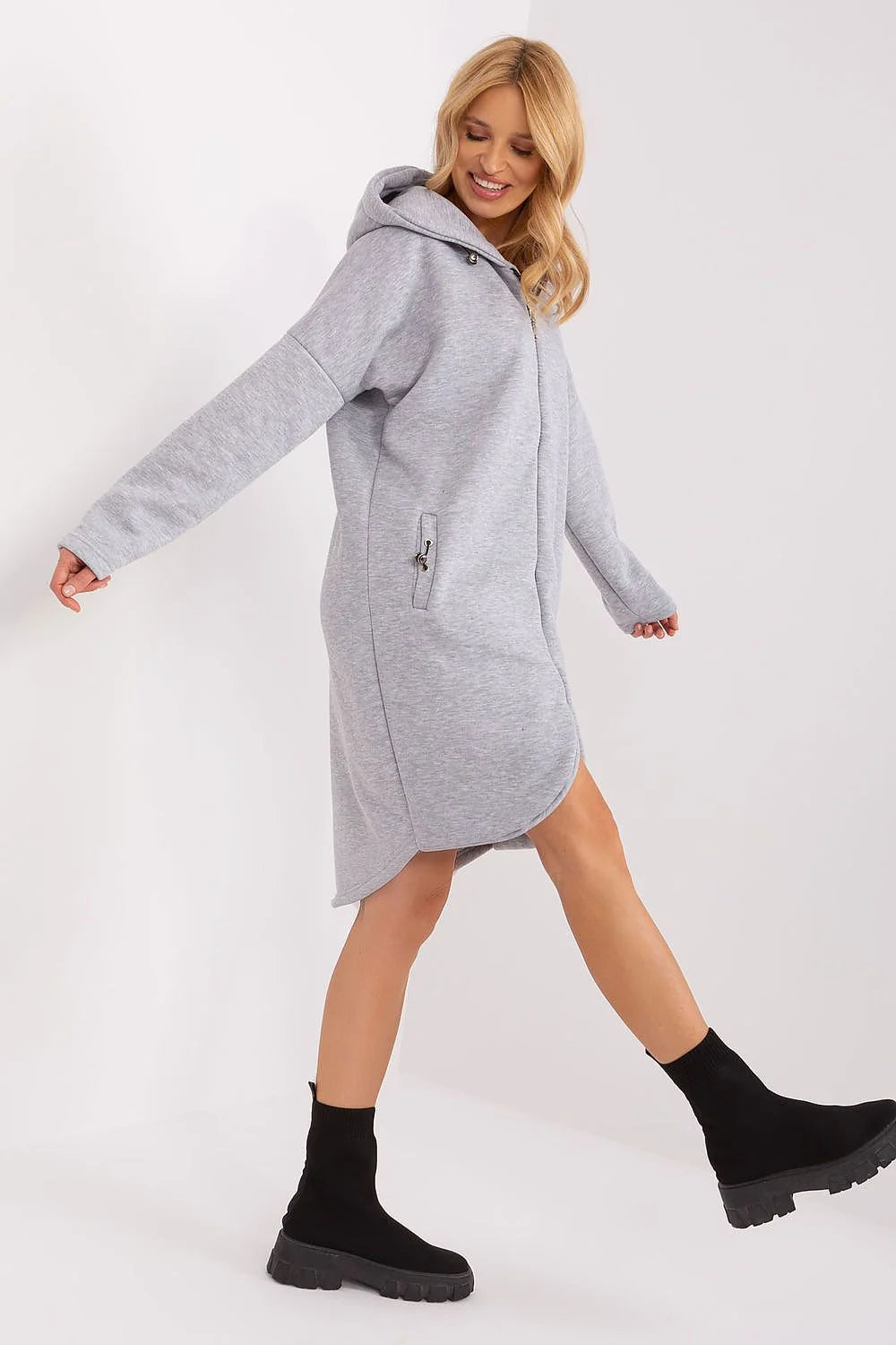 Sweatshirt longue pour femme en coton polyester gris clair capuche fermeture éclair coupe ample style décontracté