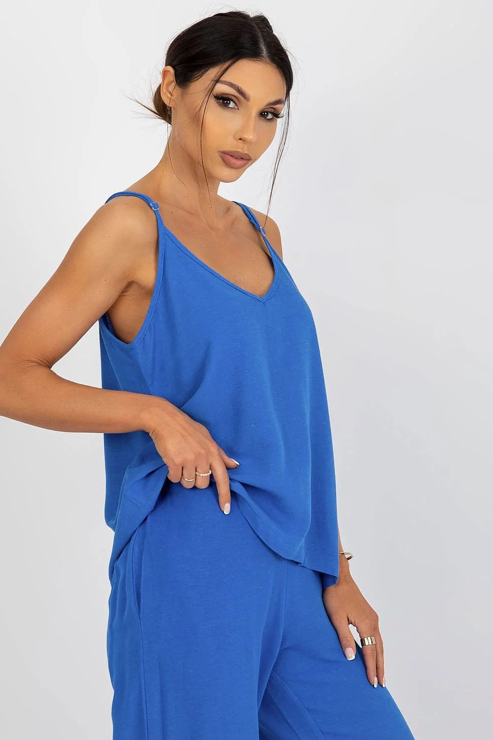 Top Och Bella débardeur ample bretelles fines ajustables col en V coton len viscose bleu vif femme