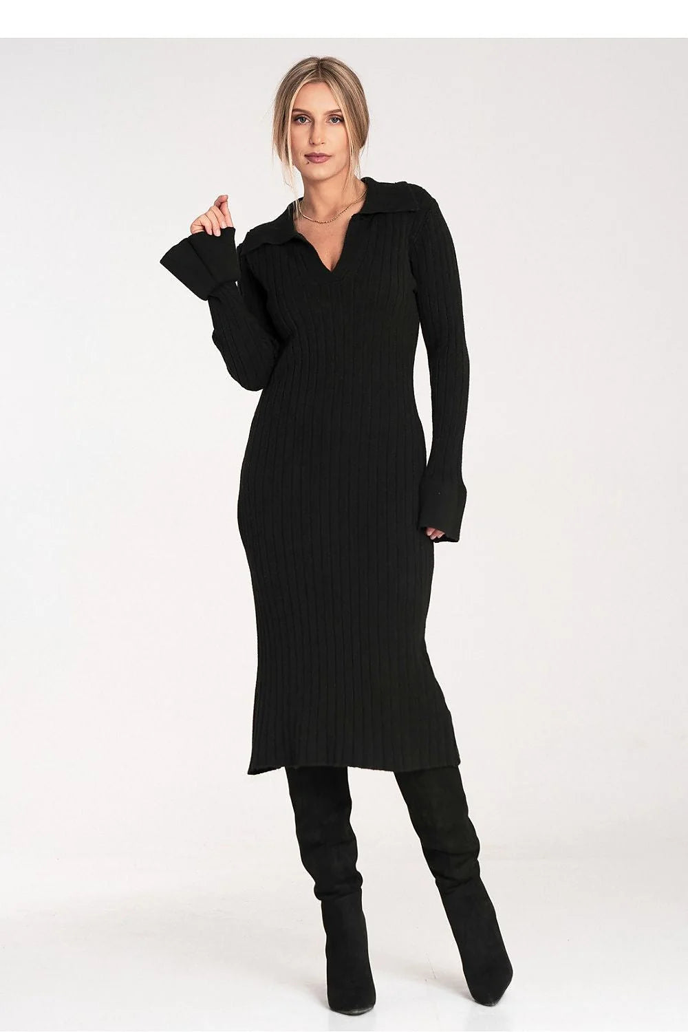 robe pull midi femme maille côtelée noire coupe droite près corps encolure V profonde manches longues tricot stretch mi mollet