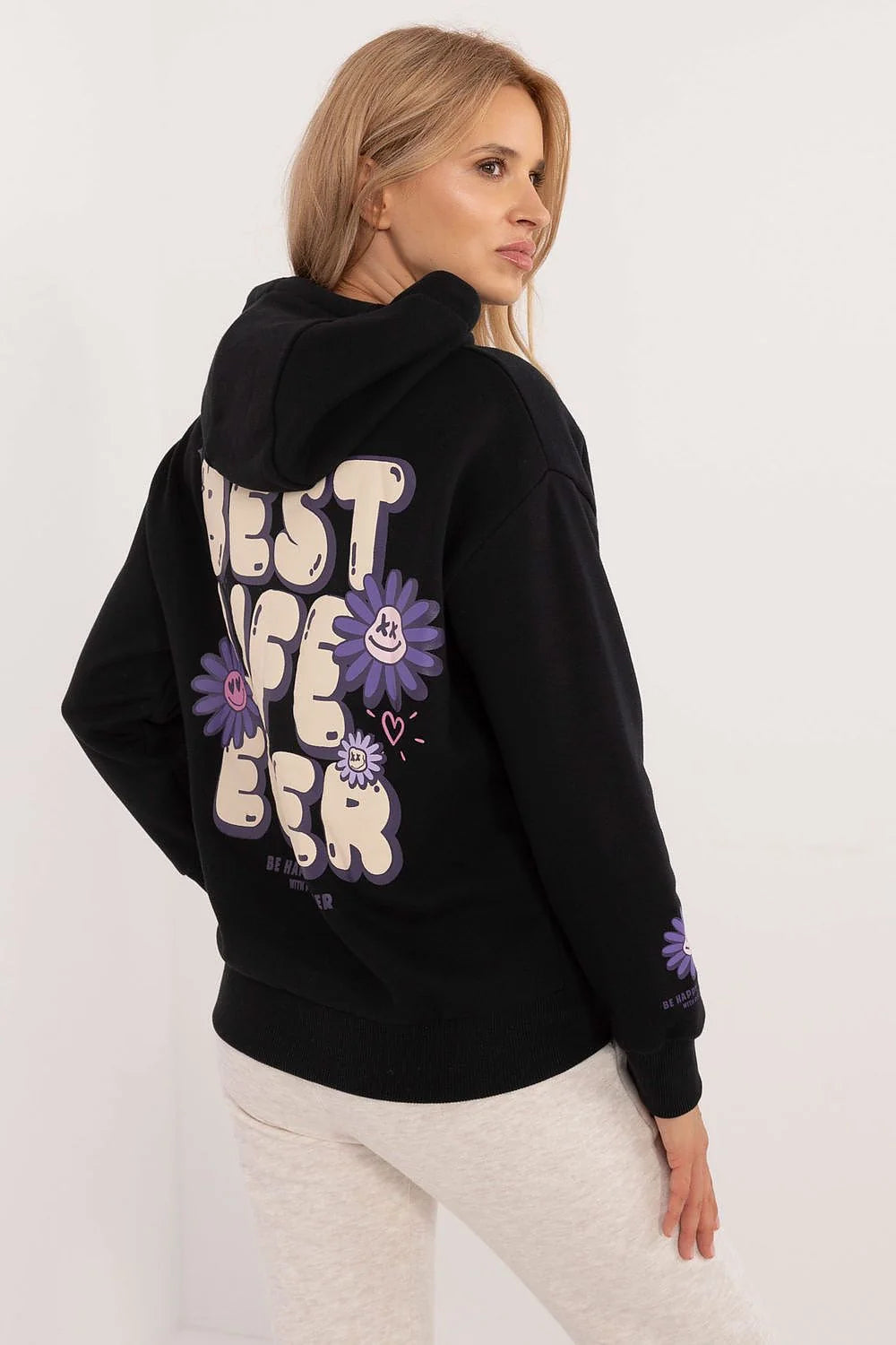 Sweatshirt Sublevel pour femme, capuche, motifs floraux violet et rose, coton polyester, manches longues, coupe ample, style casual urbain