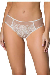 culotte féminine élégante dentelle florale beige ivoire tulle transparent broderie blanche résille empiècements côtés élastiqués discrets taille basse couvrance moyenne
