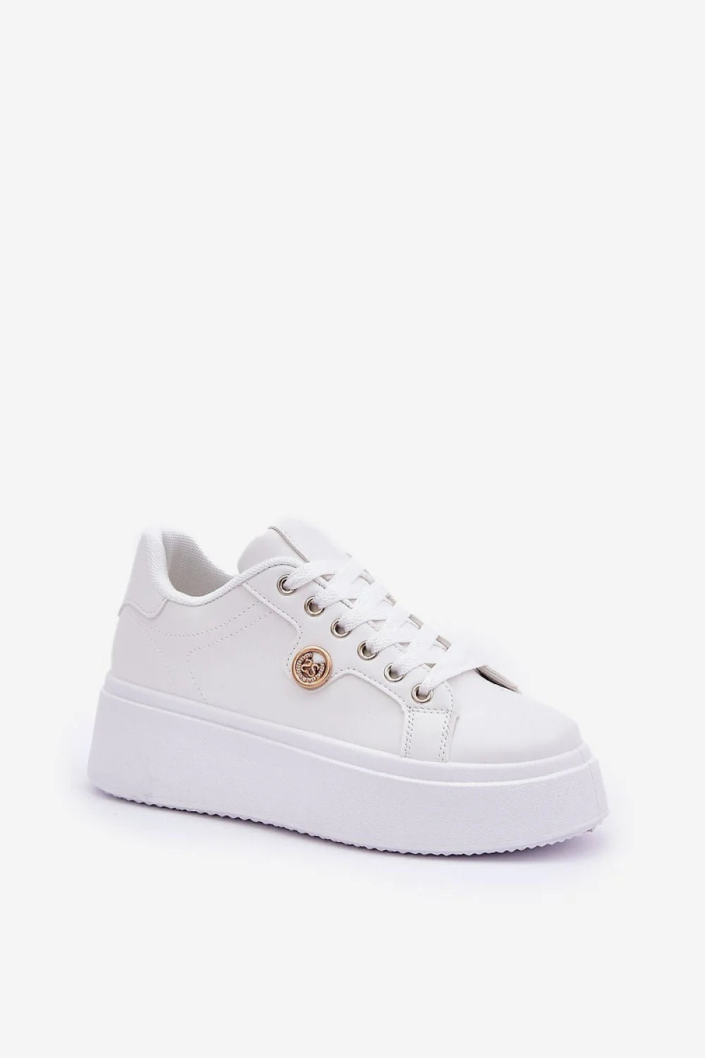 Chaussures de sport Step in style baskets femmes design moderne épuré couleur blanche doré logo métallique tige basse semelle plateforme mousse confortable