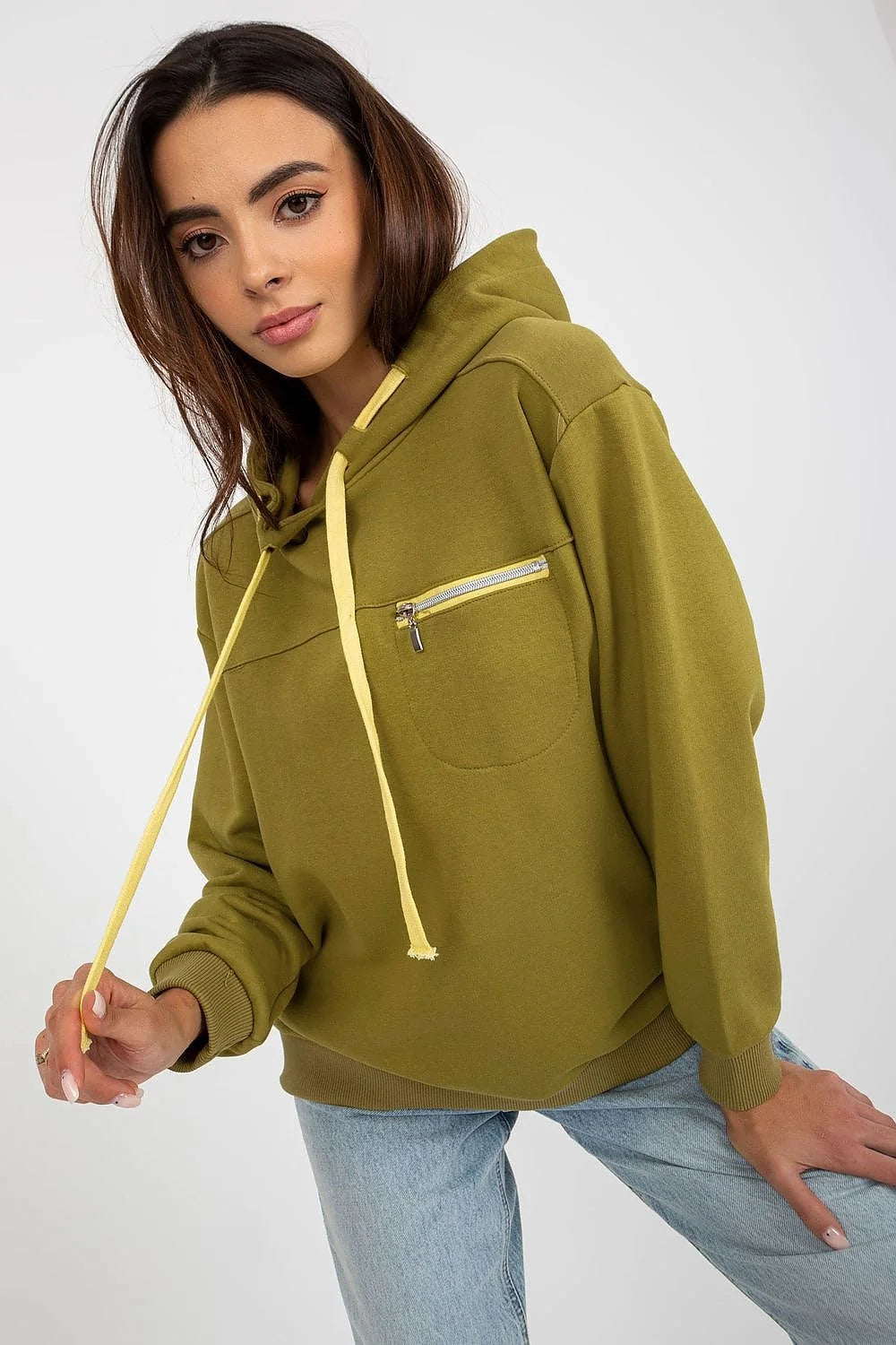 Sweatshirt Fancy pour femme, sweat à capuche moderne, style décontracté, couleur kaki et jaune clair, manches longues côtelées, poche zippée métal, coton polyester, coupe ample universelle