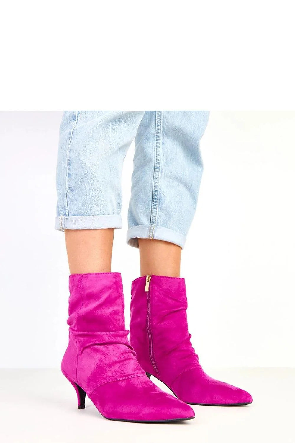 bottines femme cheville cuir écologique suédé fuchsia bout pointu talon aiguille 6cm tige doublure glissiere dorée semelle élégante