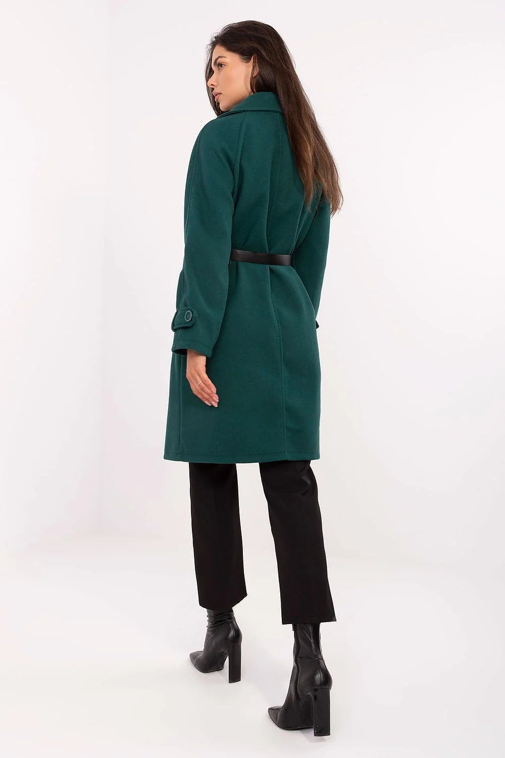 manteau femme mi long double boutonnage vert sapin émeraude col revers large coupe droite évasée genou intemporel