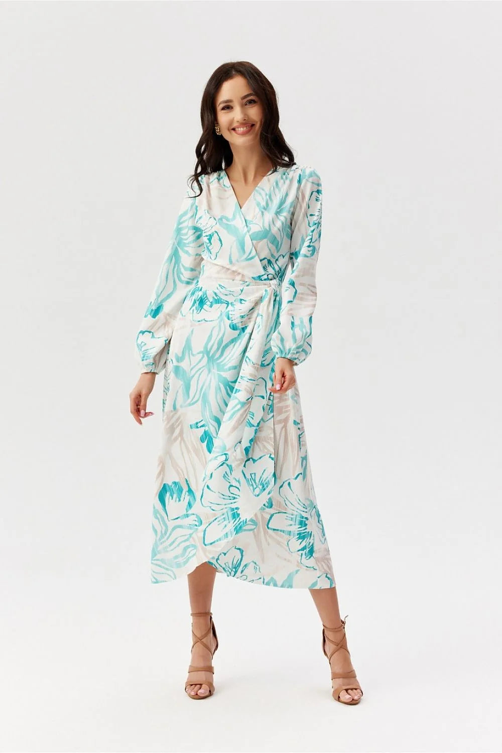 Robe de jour chic décontractée midi manches longues cache-coeur floral turquoise beige femme mode