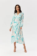 Robe de jour chic décontractée midi manches longues cache-coeur floral turquoise beige femme mode