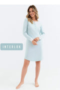 Chemise de nuit en interlock coton femme loose manches longues bleu clair motifs pois