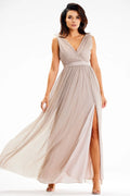 Robe longue élégante pour femme en maille brillante, décolleté dos nu, fente latérale, couleur nude, coupe empire, taille ajustable
