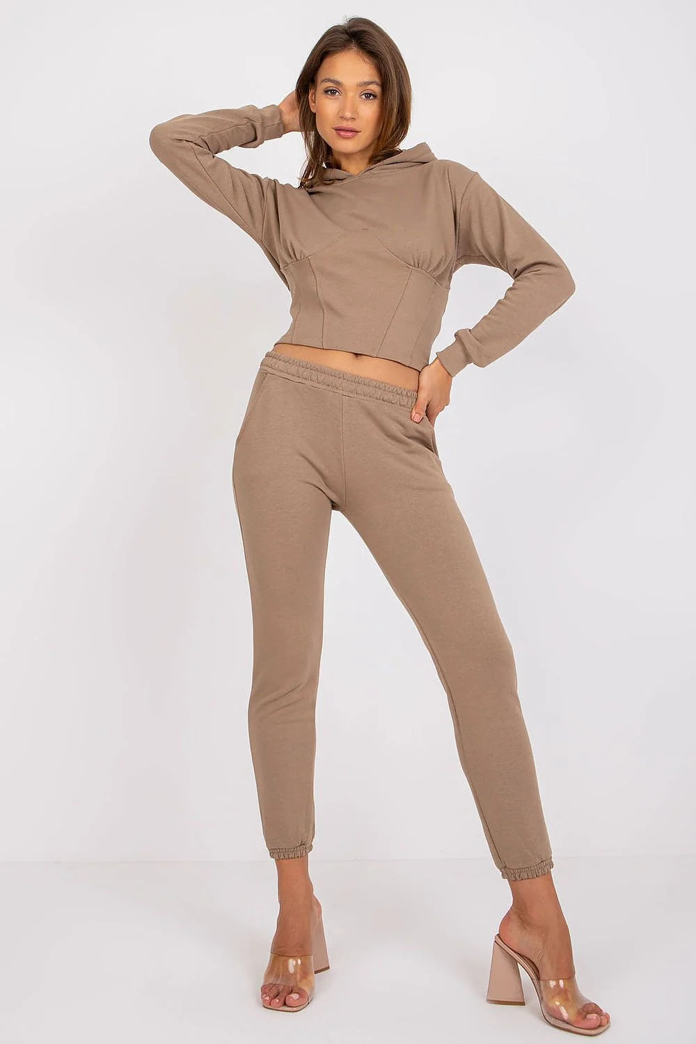 Ensemble survêtement femme style décontracté moderne sweat-shirt capuche pantalon jogger coupe fuselée couleur taupe matières confortables
