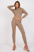 Ensemble survêtement femme style décontracté moderne sweat-shirt capuche pantalon jogger coupe fuselée couleur taupe matières confortables