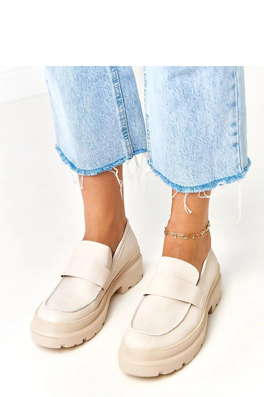 mocassins femme cuir écologique beige crème loafers similicuir bout rond talon compensé 4cm semelle crantée antidérapante lanière penny minimaliste confortable
