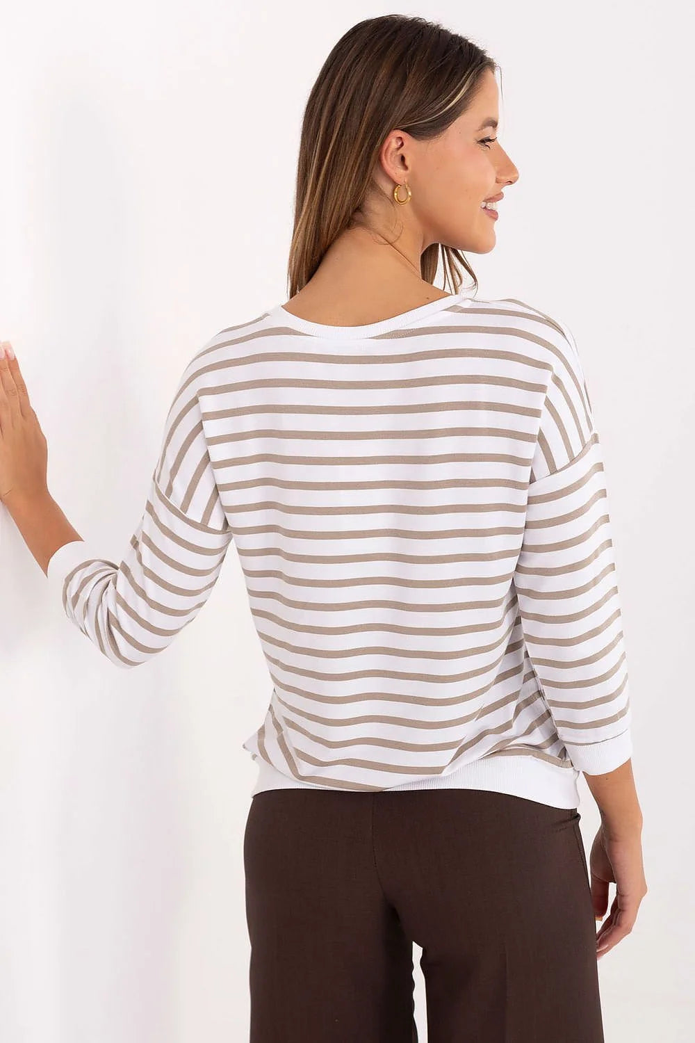 chemisier marinière femme micro modal extensible col rond manches trois quarts rayures beige blanc bords côtes broderie tonale