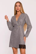 robe blazer courte femme tweed chiné gris col V profond manches longues taille cintrée bouton doré ourlet dentelle noire chic