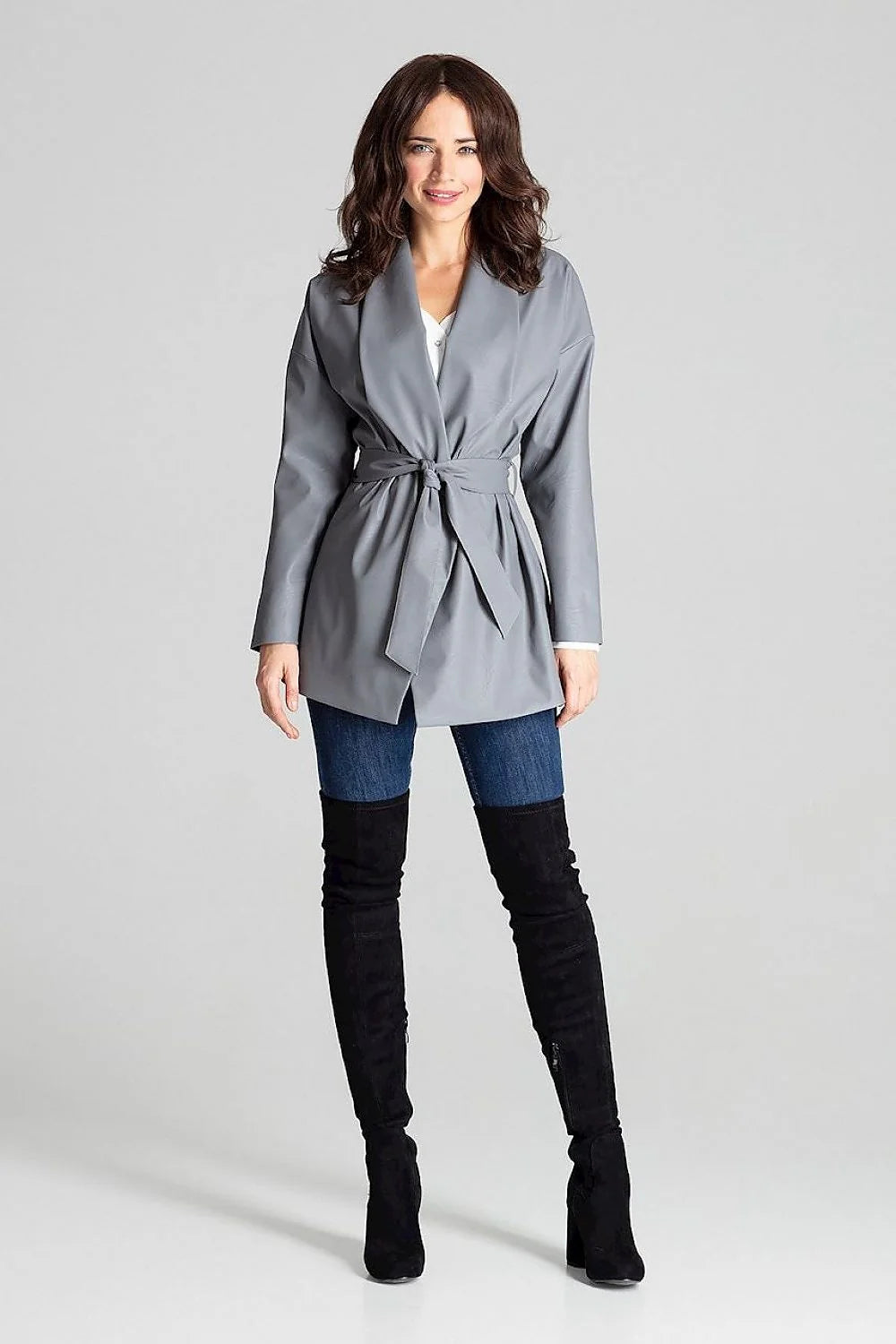 Blazer femme en cuir écologique moderne élégant ceinture amovible manches longues ajustable gris polyvalent