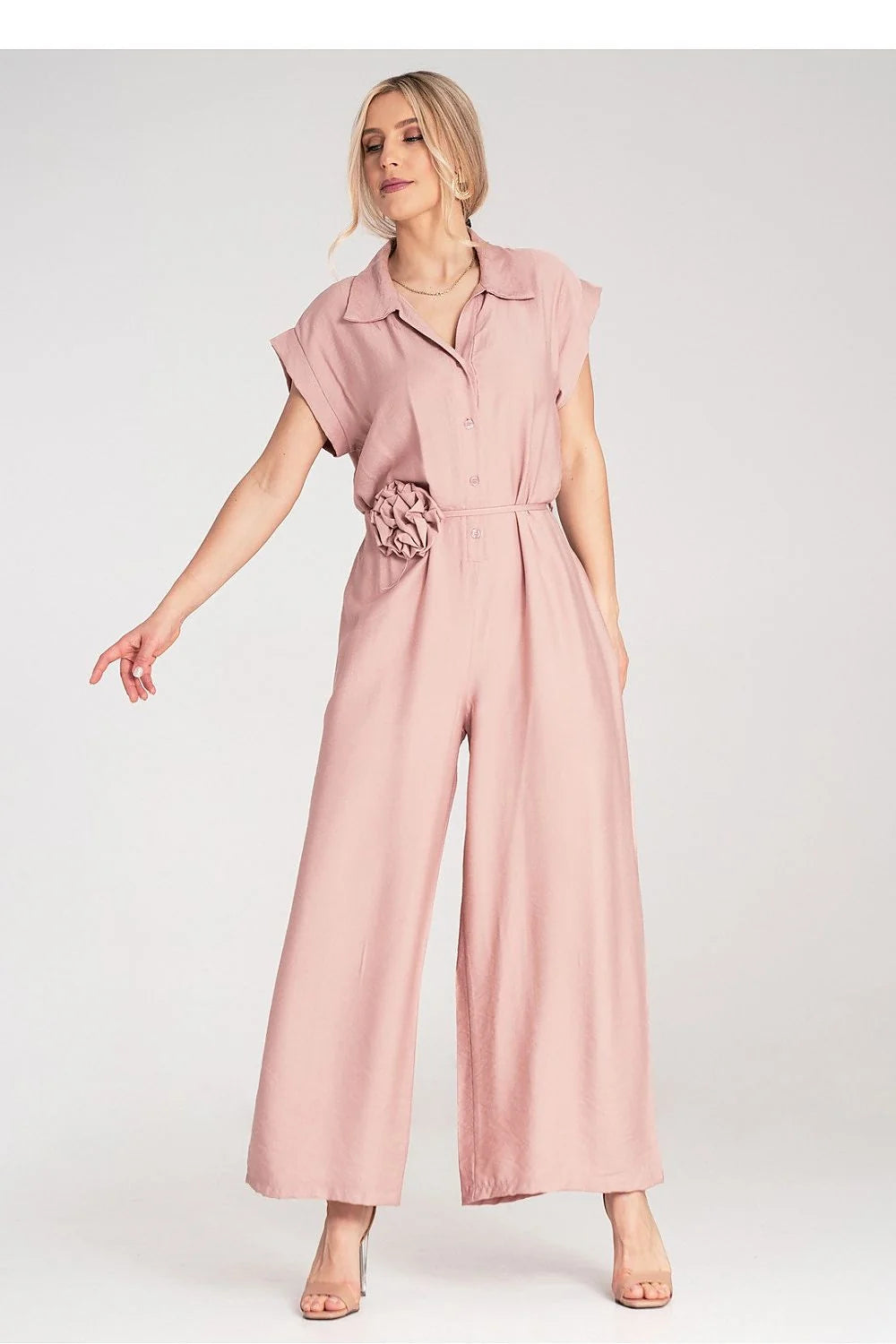Combinaison Figl féminine chic élégante en viscose 100% coupe ample manches courtes col revers ceinture fleurée taille ajustable longueur 140cm
