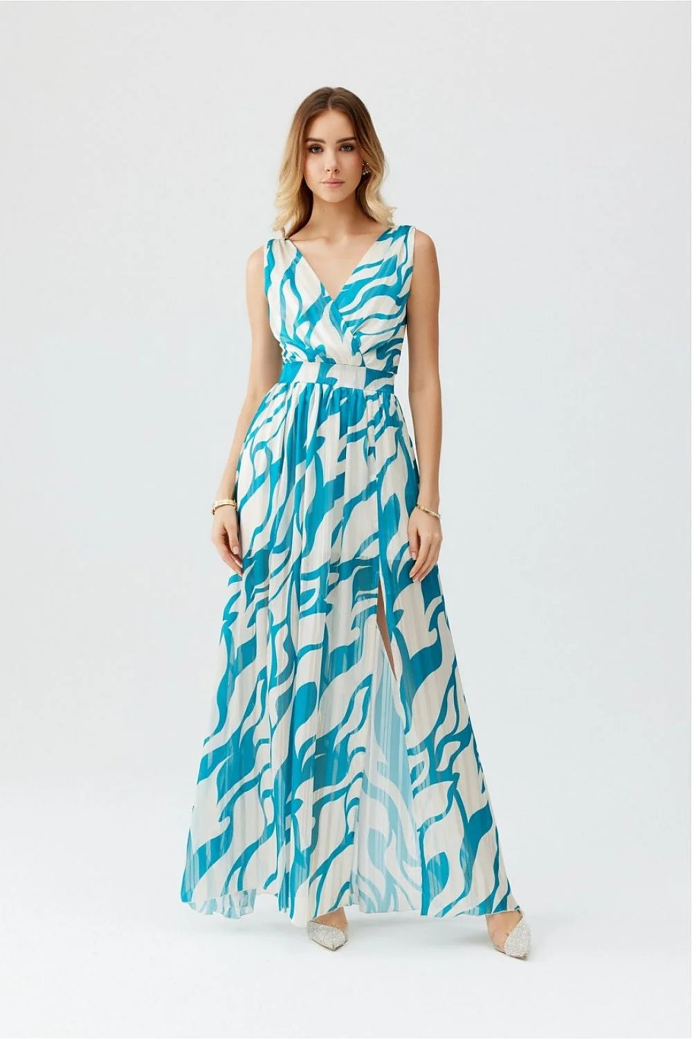 Robe de jour Roco Fashion style_wrap V-neckline manches_sans taille_fittée jupe_A_line motif_abstrait bleu_et Blanc occasion_summer_feminine