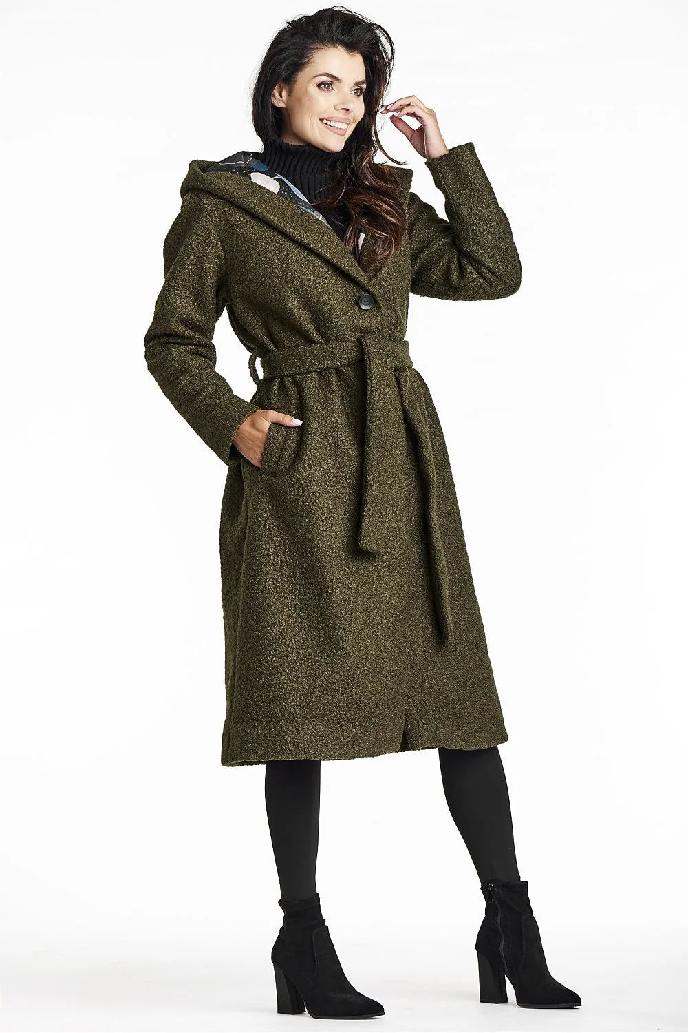 Manteau élégant pour femmes vert olive col châle capuche laine bouclée Awama longueur mi-mollet ceinture fermeture boutons