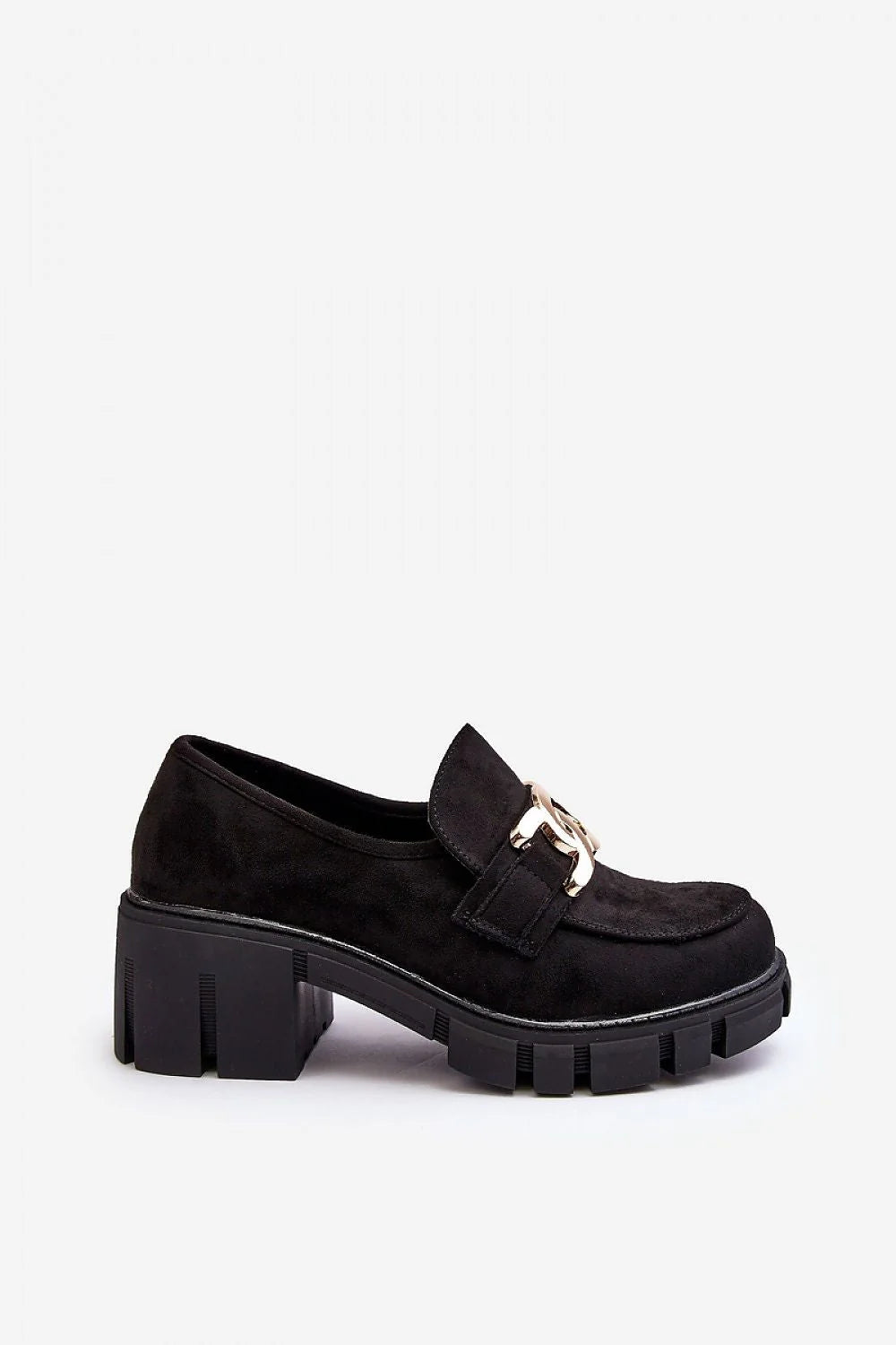 mocassins femmes cuir suédé noir grosse chaîne dorée empeigne semelle crantée gomme plateforme 25mm talon 6cm confort sophistiqué