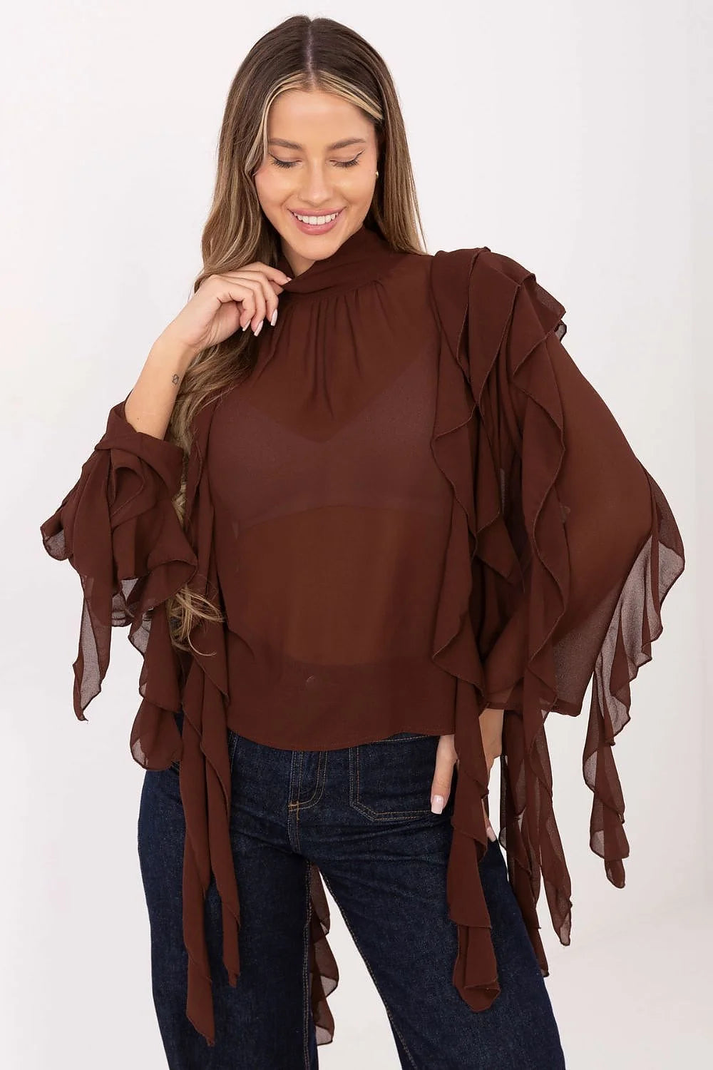 chemisier femme élégante col roulé manches longues viscose polyester doux extensible tombé fluide volants décoratifs romantique polyvalent soirée