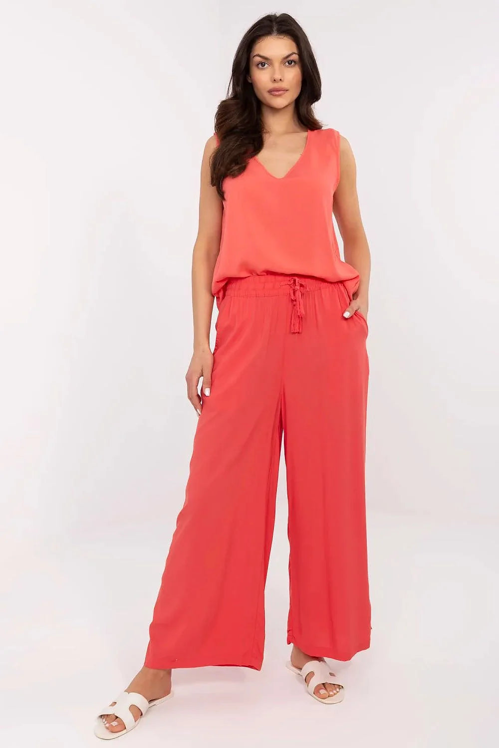 Pantalon femme Sublevel design fluide décontracté coupe large évasée taille haute élastiquée corail vif occasion estivale printanière