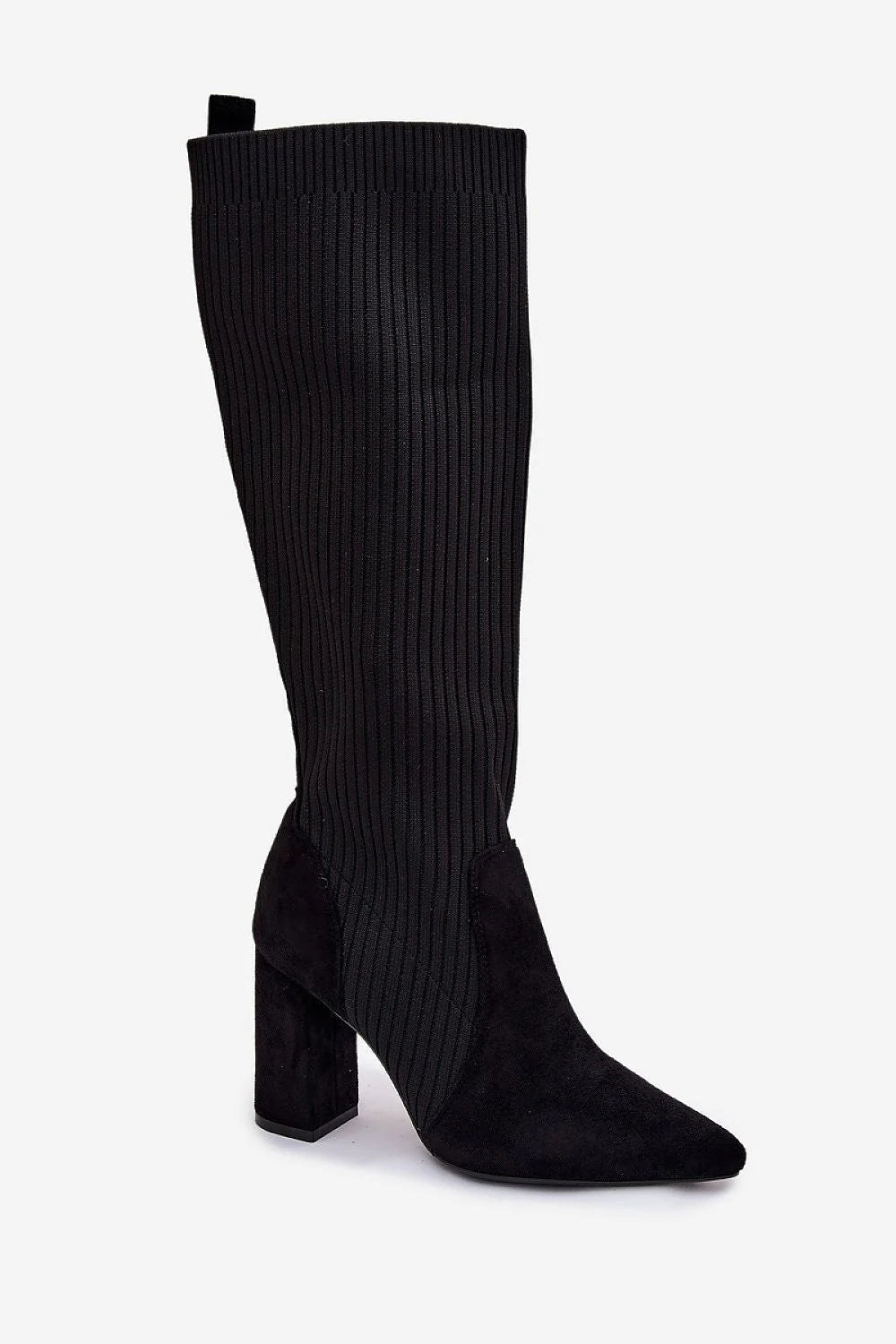 bottes hautes femme noires côtelées maille extensible suédine empiècement bout pointu talon bloc 9cm coupe slipon ajustée silhouette élégante