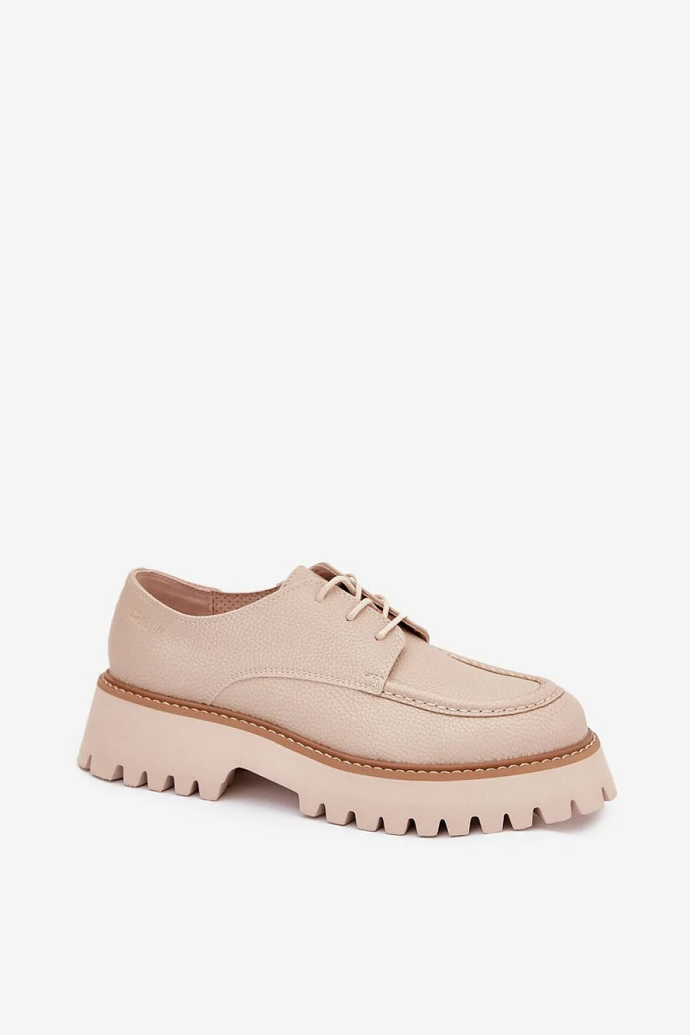 mocassins femme BiStar cuir écologique grainé beige lacets bout rond surpiqûres semelle plateforme crantée épaisse trépointe marron confort