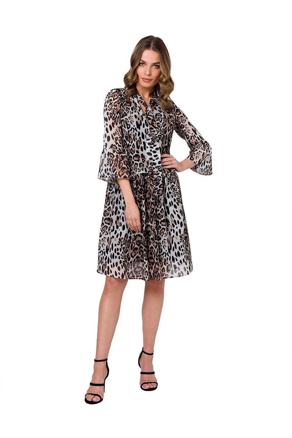 Robe de jour style animal imprimé léopard manches longues taille ajustable polyester doublée femme