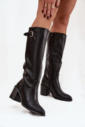 bottes hautes femme simili cuir noir tige mi mollet fermeture eclair intérieure boucle décorative réglable bout pointu talon bloc 8cm