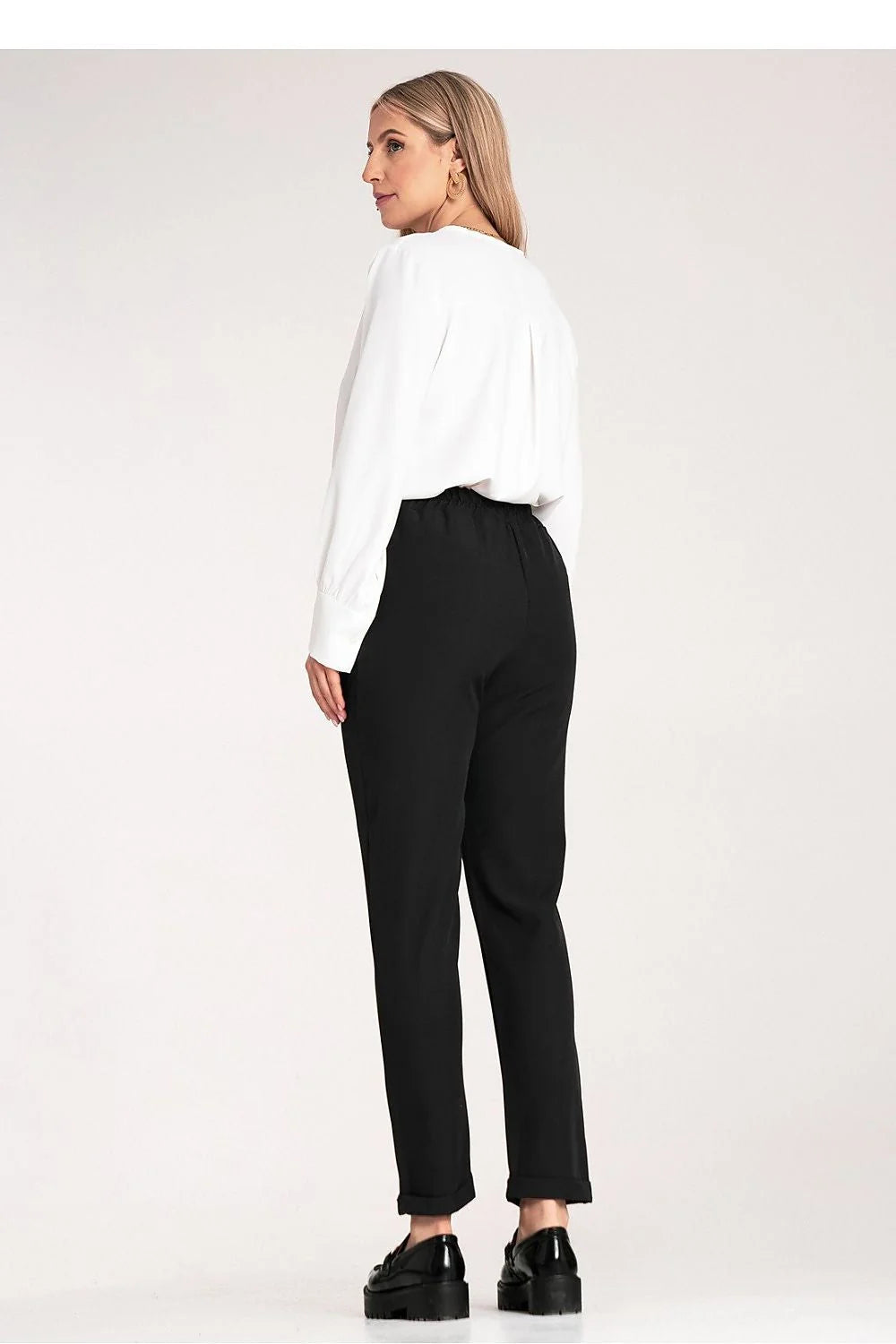 pantalon femme élégant coupe droite cigarette noir blanc taille haute fuselée poches latérales ourlet retroussé tissu mélangé polyester élasthanne confortable