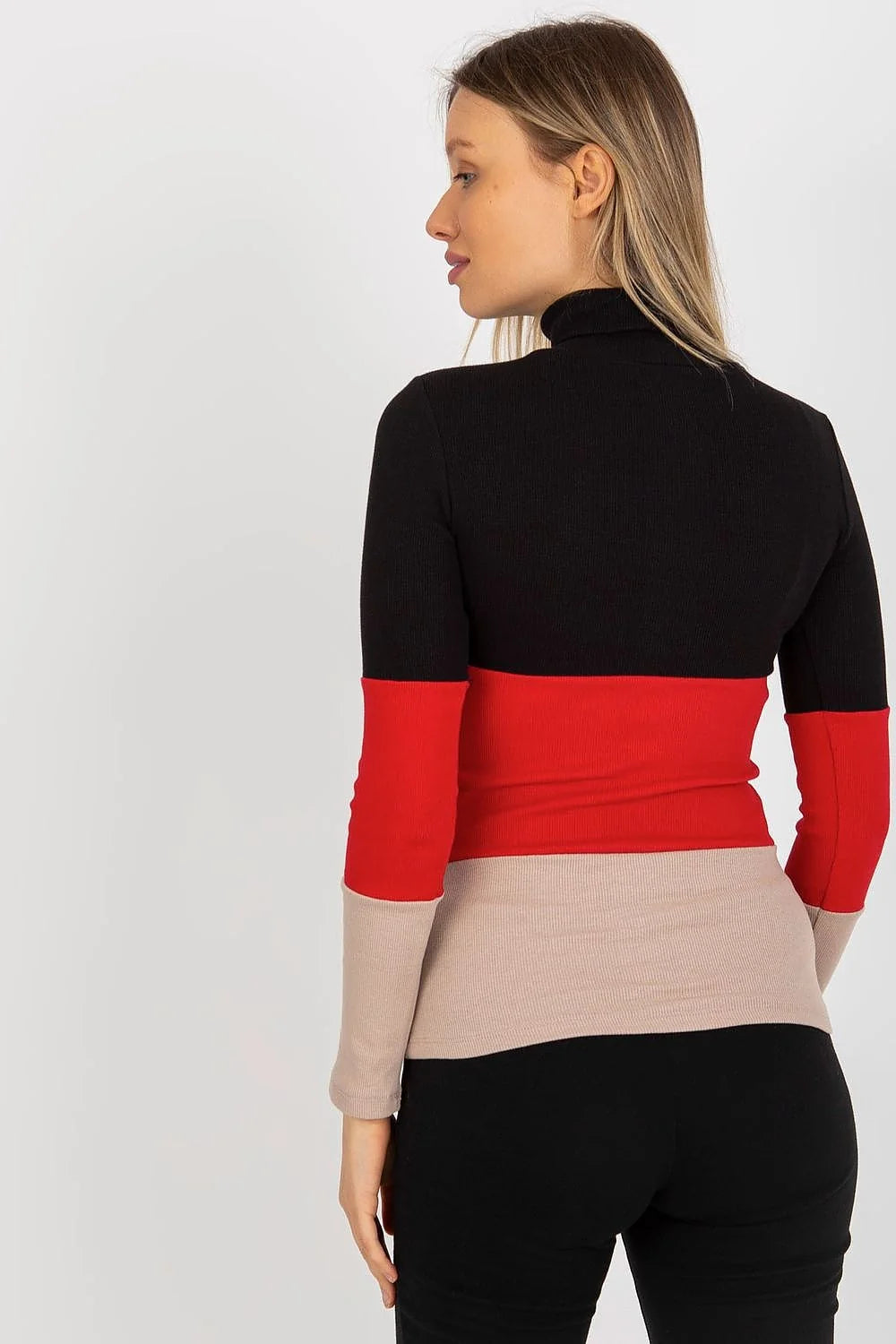 Pull col roulé multicolore maille côtelée coton élasthanne bleu rose vert ajusté manches longues ourlets nets design moderne